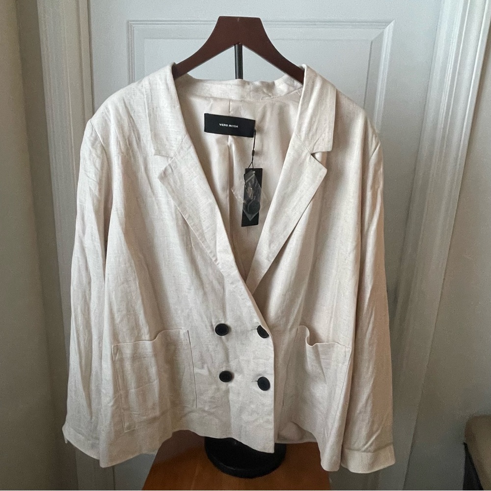 Vero Moda Curve Cream Linen Blazer SZ 18 XXL Double Breasted European Elegant